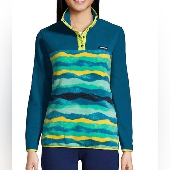 Lands' End Heritage Teal Mountain Ombre Print Snap Mock Fleece Pullover Gorpcore - Picture 1 of 15
